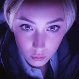 a woman with blue eyes staring at the camera