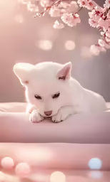a white cat laying on top of a bed next to a flower