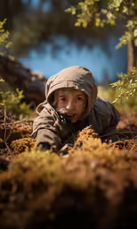 there is a boy wearing a hood in the woods