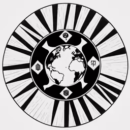 a drawing of a black and white earth surrounded by symbols