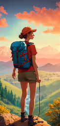 a young woman is standing with a backpack on top of a hill,a woman stands on top of a mountain