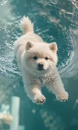 a puppy looking up into the water of an aquarium