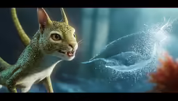 an animated animal looking at a bird with wings in the air