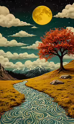 a painting that depicts a beautiful moon over a river