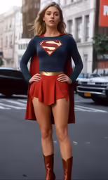 a woman in a superhero costume posing on the side of a road