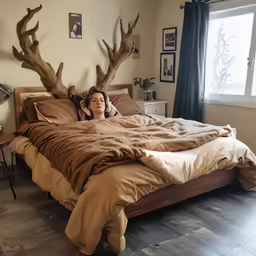 a woman laying in bed with antlers on the wall