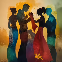 two women and one man are silhouetted against a multi - colored watercolor