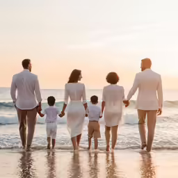 an adult woman and two children holding hands while walking on the beach