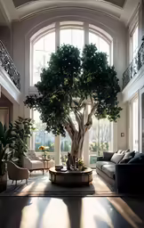 a room with a tree in the middle of the floor