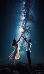 a man and woman standing on rocks and reaching for the stars