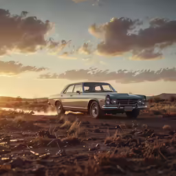 a car parked in the desert under a cloudy sky