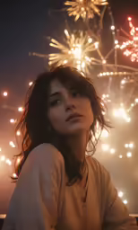 a beautiful young woman in front of fireworks
