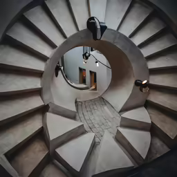 an aerial view of a curved stair area