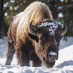 a buffalo covered in snow walking through the snow