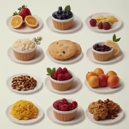 twelve small desserts, with fruits and grains on them