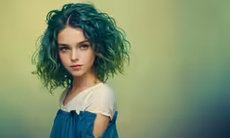 the beautiful young girl has green hair