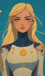 a blonde haired girl in white outfit with yellow circles around her