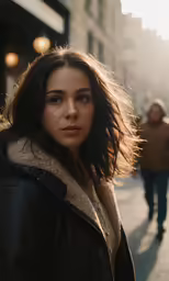 a girl standing on the side of a city street next to a man