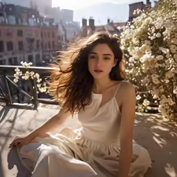 a woman sitting in front of flowers on top of a roof