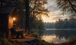 an outdoor setting by a lake during the evening