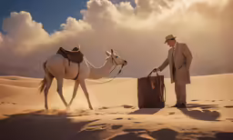 a camel carrying a cart with the trunk in its mouth