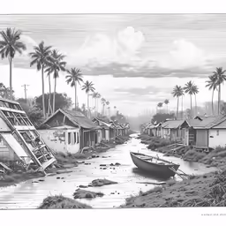 a drawing of boats in the water near houses
