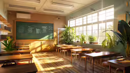 a classroom with tables and green plants in front of the windows,the classroom is well lit and has desks in it