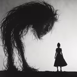the woman is staring at the monster in the air