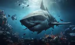 a group of large white sharks swimming under water