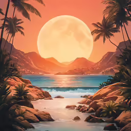 an image of a beach scene with moon and palms