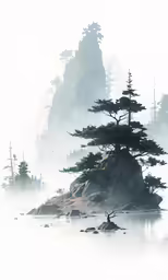 a foggy picture of a single tree sitting on a rock