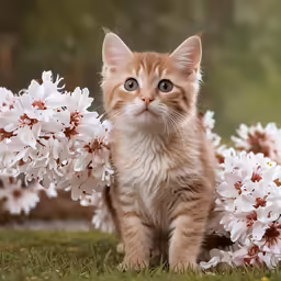 a small kitten standing on the grass next to flowers