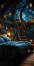 a bedroom is lit by fairy lights inside a tent