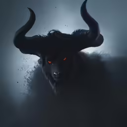 a long horn bull head with long hair is seen through a foggy window
