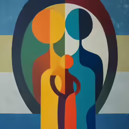 a painting with various images and colors on it