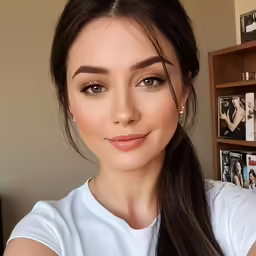 a girl with dark hair smiling in front of some photos