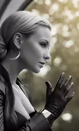 woman in black gloves holding hands together
