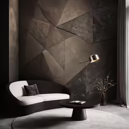 a modern black and grey living room with abstract shapes