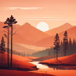 a sunset is seen from a snowy mountain meadow,a scenic view of the sun setting over a small stream with trees on both sides