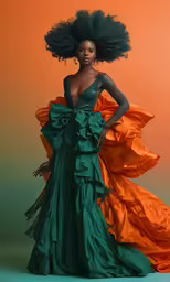 a woman with an unusual green dress in a studio photo