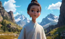 an animated photo of a girl standing in the mountains