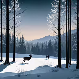a painting of two people walking through the woods,two deer walking through a snow covered forest