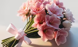 pink flowers sit in a brown vase and one flower has a pink bow