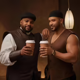 two men holding take out coffee cups with both hands