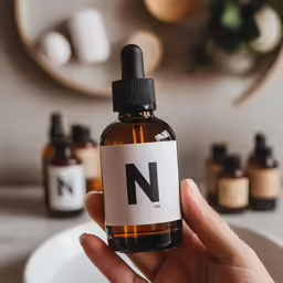 a hand holding up a bottle of n spray