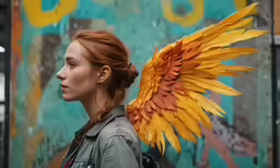 a woman with an orange and yellow wings on her head