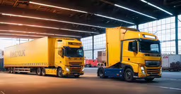 a big yellow truck in a warehouse with a blue trailer behind it,the trucks are yellow in color