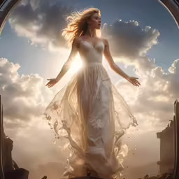a woman in a flowing dress looks out the window