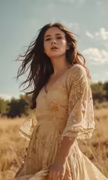 a woman wearing a dress standing in a field