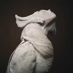 a female mannequin with hair blowing around her neck